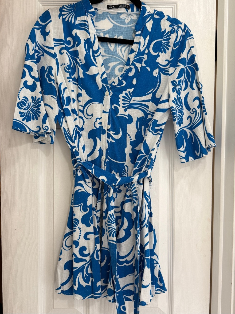 Zara Blue & White Tropical Print Tie Waist Mini Shirt Dress | Size S